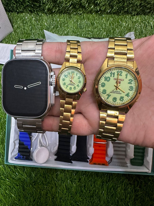 7 In 1 smarts watch With Couple watch Golden