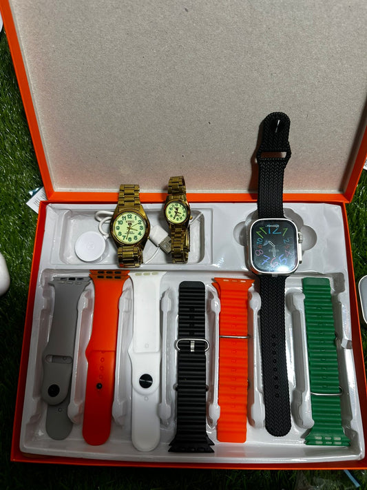 7 in 1 smart watch with Couple Golden Watch ( 3 watches) in box